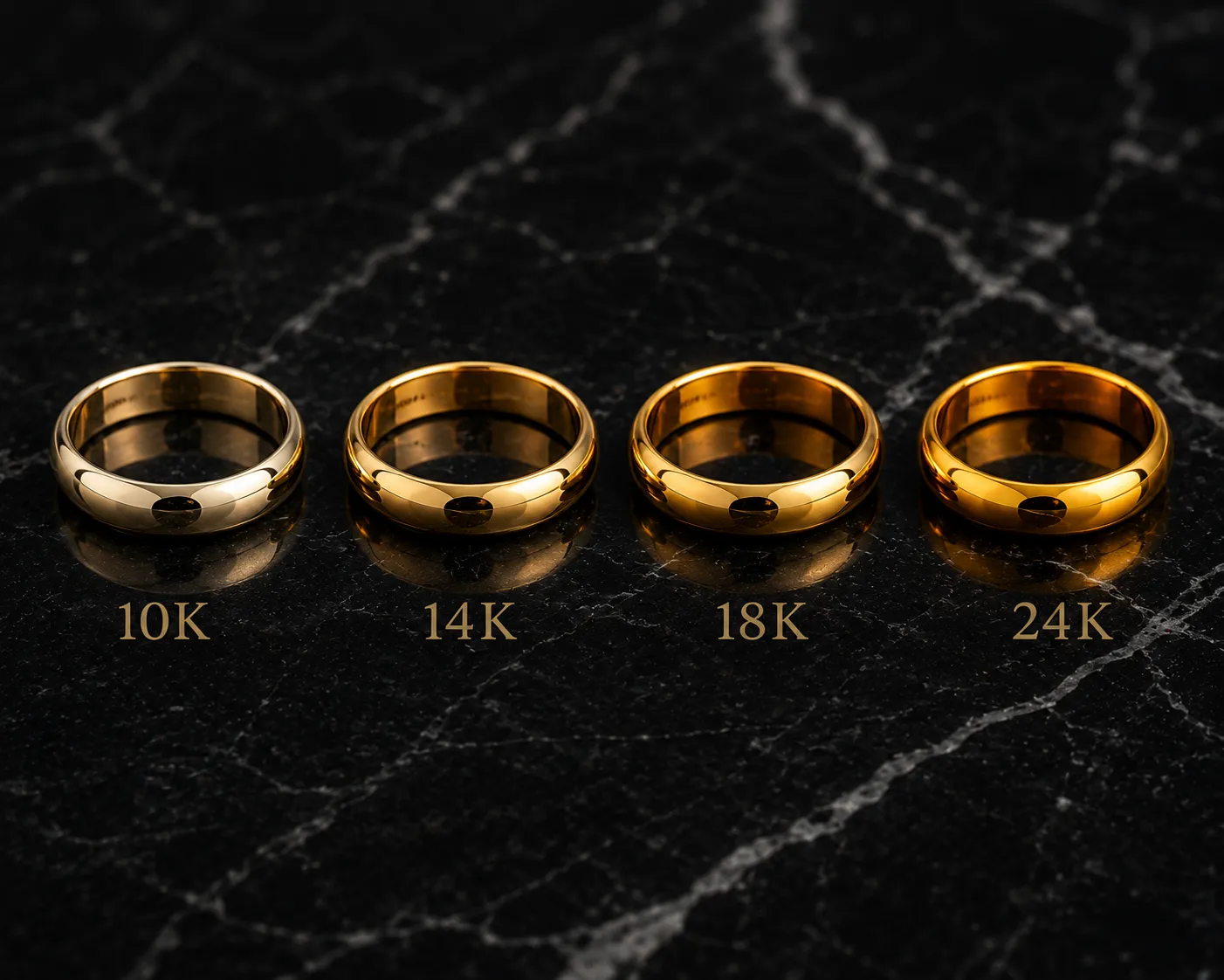 10K, 14K, 18K and 24K gold purity compared side by side