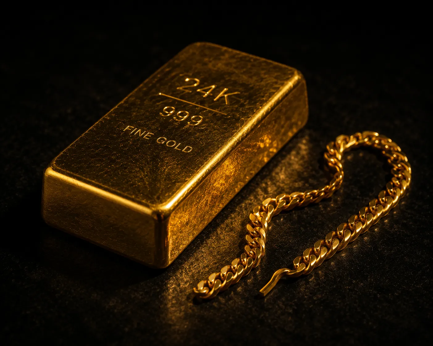 24K pure gold bar beside a deformed gold chain, showing pure gold is too soft for jewellery