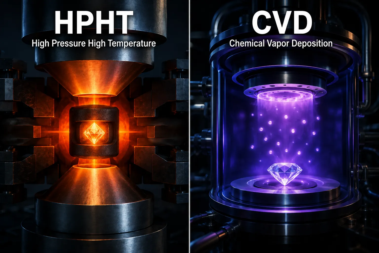 HPHT vs CVD lab-grown diamond creation process side by side
