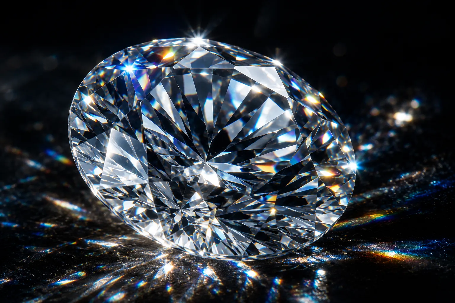 Lab-grown brilliant cut diamond reflecting light prisms on dark surface