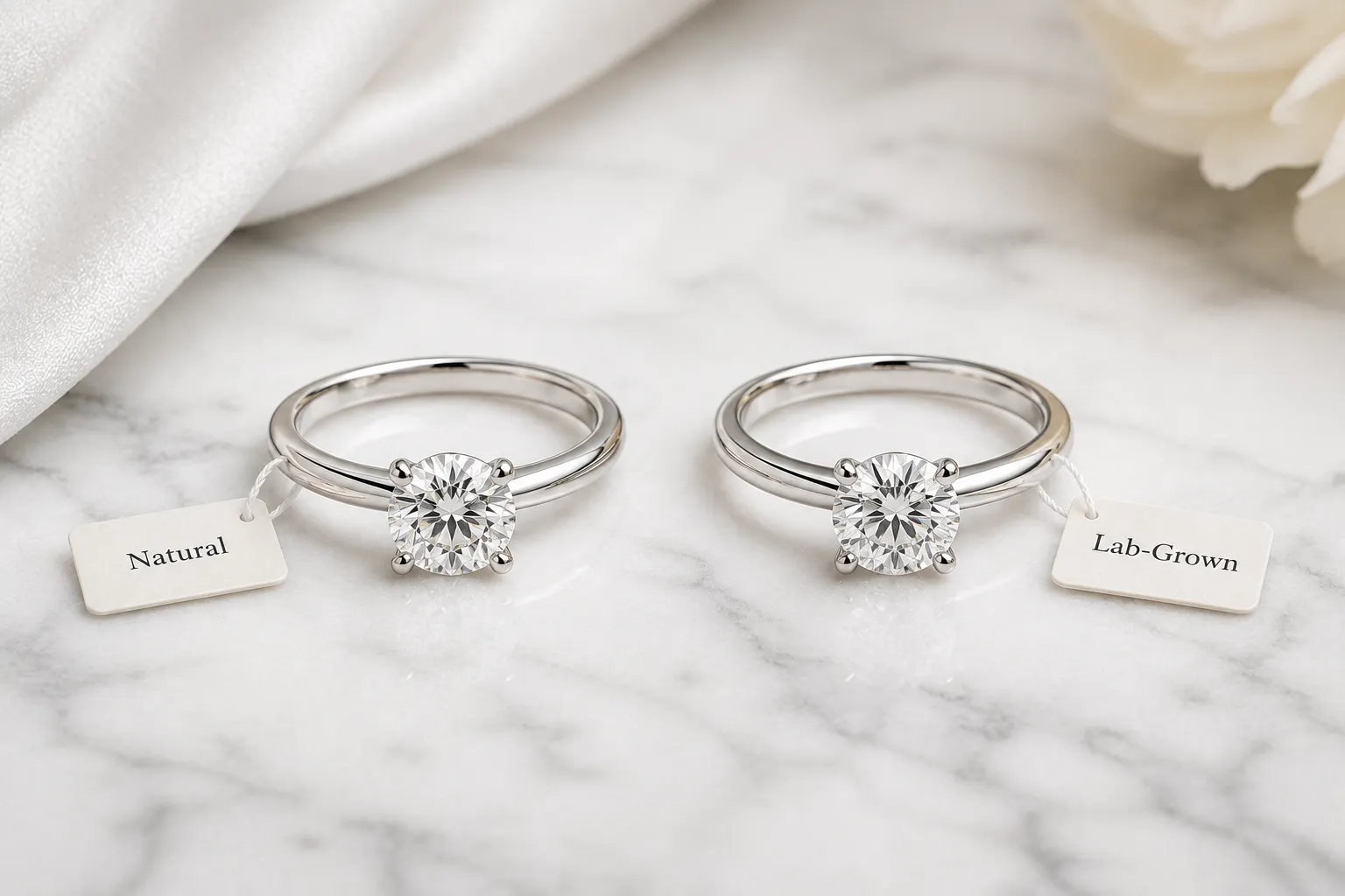 Natural diamond vs lab-grown diamond ring comparison on marble surface